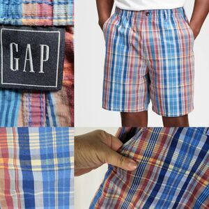 36 XL GAP Linen easy shorts plaid drawstring elastic red blue pocket EXTRA LARGE